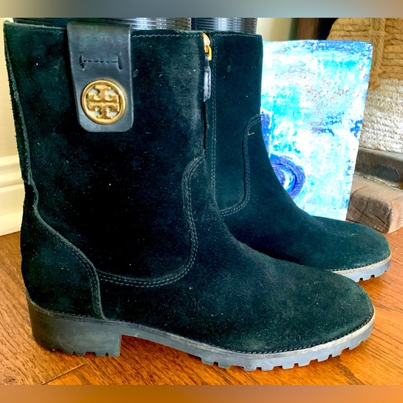 Tory Burch Black Suede Western Calf height Boots 🥾 Inside Zip Round Toe - Picture 1 of 15